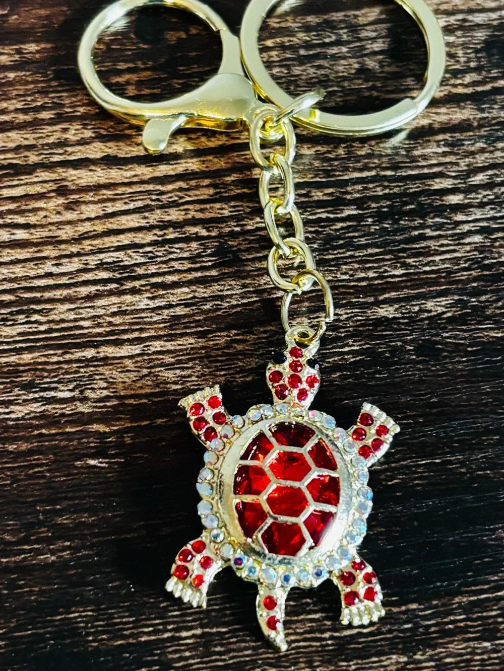 Red Crystal Rhinestone Turtle Keychain with Gold-Tone‎ Hardware